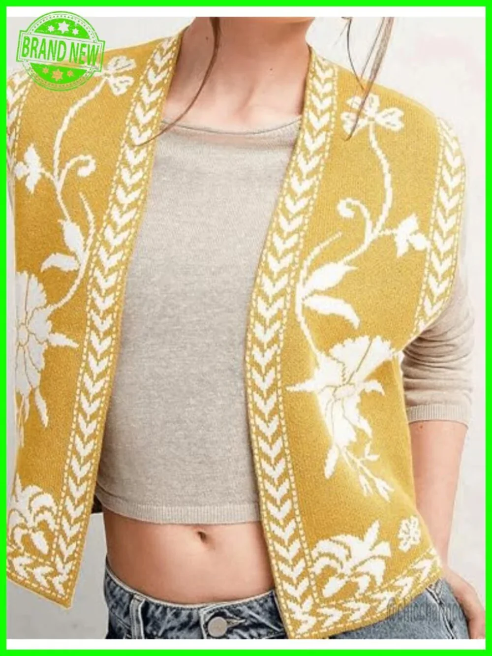 Sleeveless Knit Cardigan Vest Cropped Boho Top Floral Print